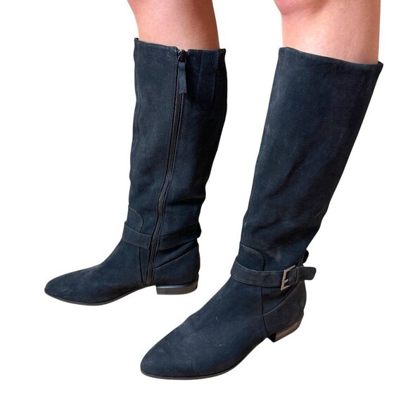 NINE WEST Black Suede Flat Riding Boot Size 8.5M Pointed Toe - Picture 1 of 16